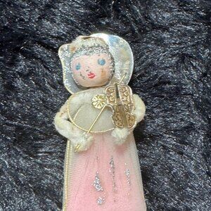 Vintage Angel Ornament With Violin & Pink Sheer Glitter Dress Handmade Japan